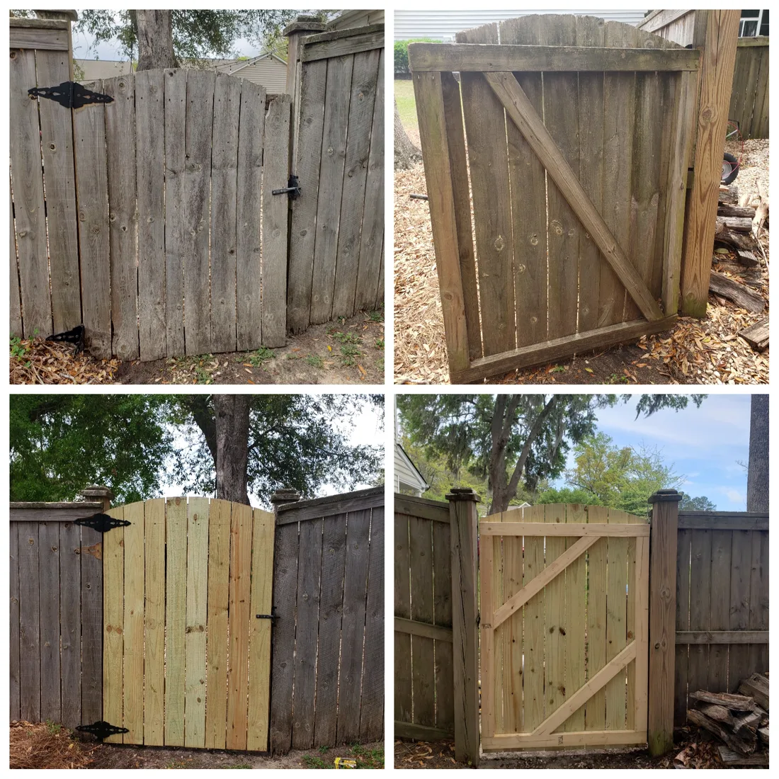 A weathered wood gate before and after being rebuilt